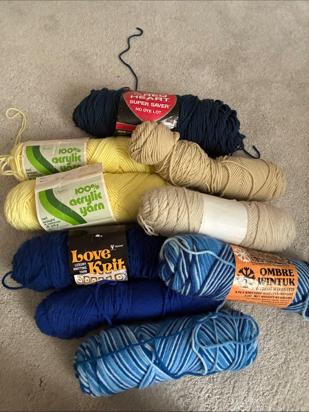 Assorted Acrylic Yarn Bundle - Blue, Navy, Yellow, Beige - Mixed Brands
